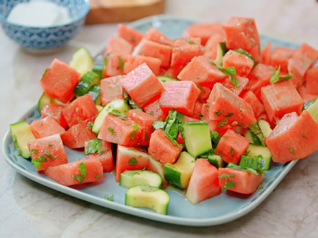 Watermelon salad with feta cheese and cucumber served in a bowl