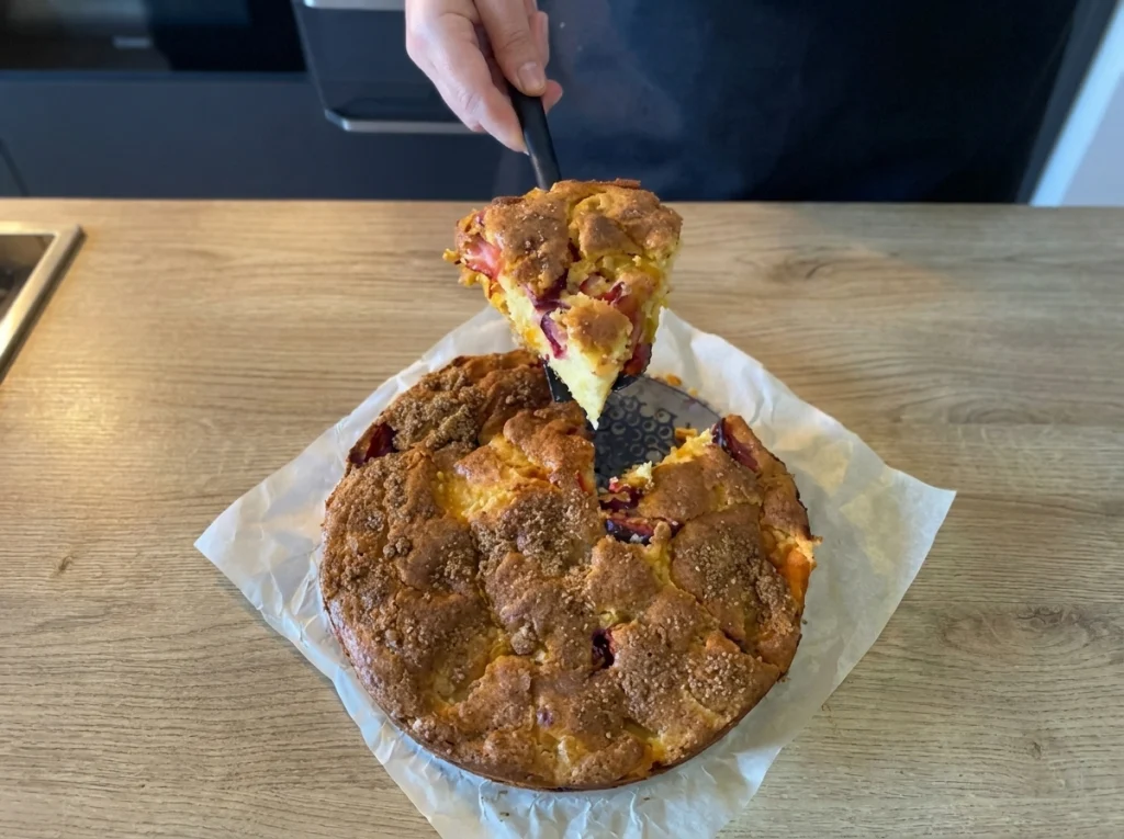 Apricot cake with yogurt topped with powdered sugar