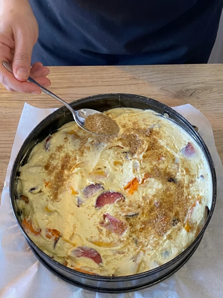 Fresh halved apricots on cake batter before baking