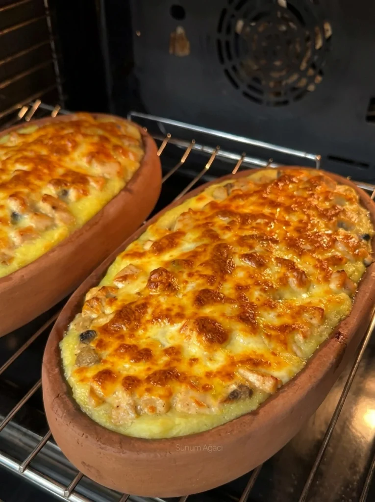 A plated serving of chicken and mushroom casserole with mashed potatoes