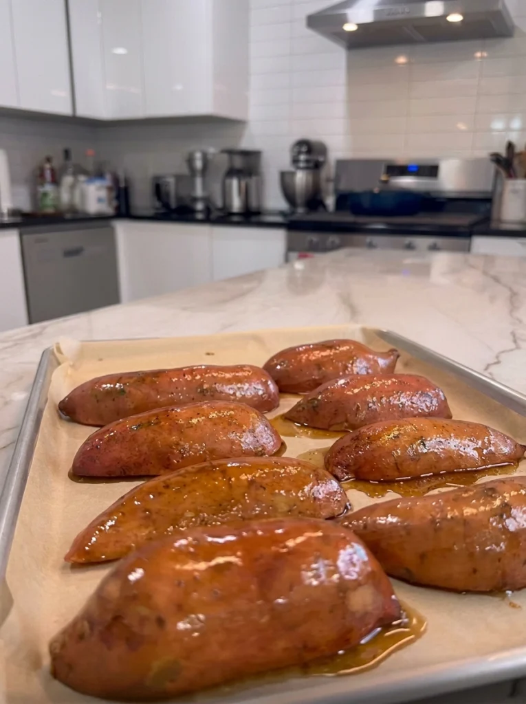 Caramelized baked sweet potatoes served as a side dish