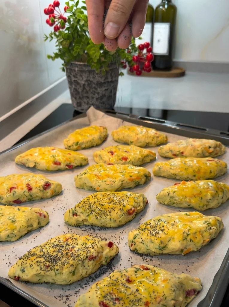 Unbaked cheese stuffed buns brushed with egg yolk on a tray