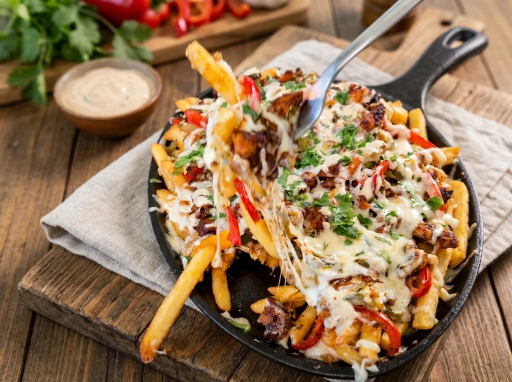 Chicken fajita loaded fries topped with melted cheese, peppers, and cilantro on a sheet pan