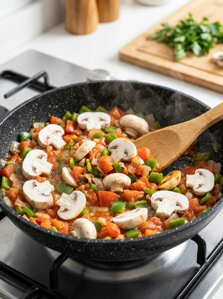 Beef cooking with onions and peppers in a skillet