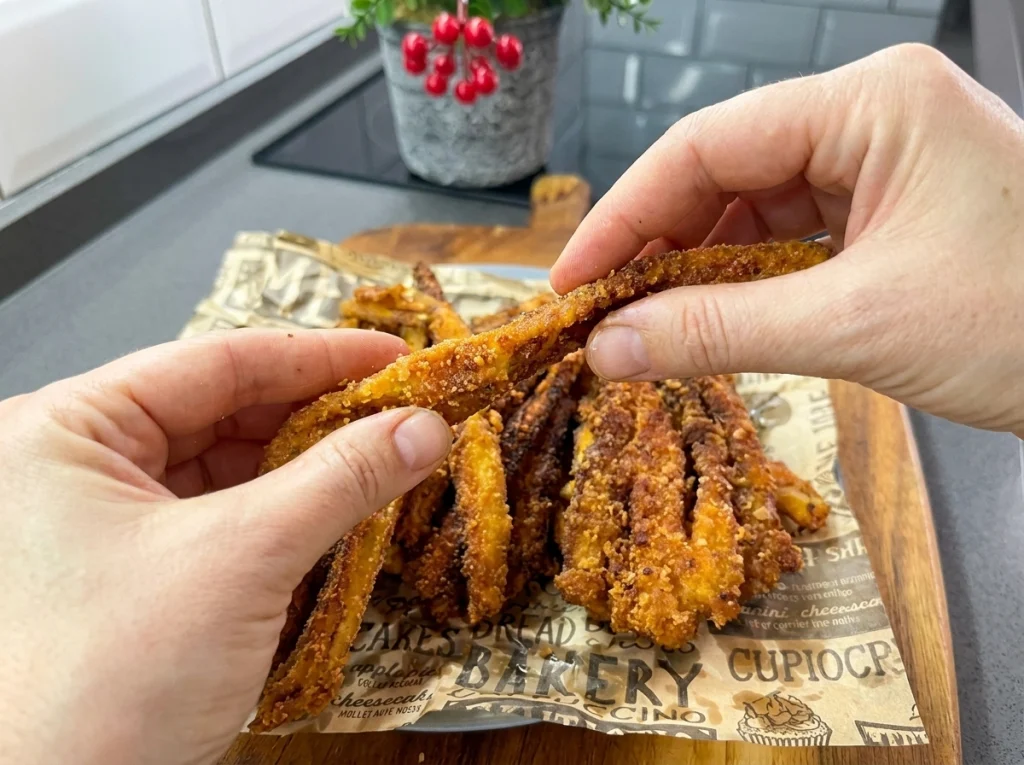 Crispy eggplant fries with tempura panko crust served with garlic yogurt dip