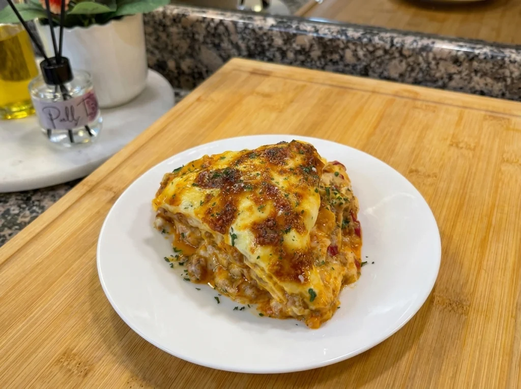 Lasagna pancakes crepe lasagna sliced on a plate