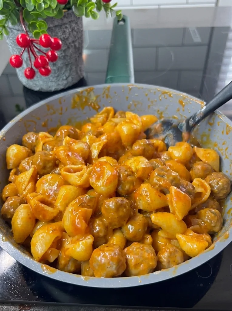 Close-up of one-pot meatball pasta garnished with parsley