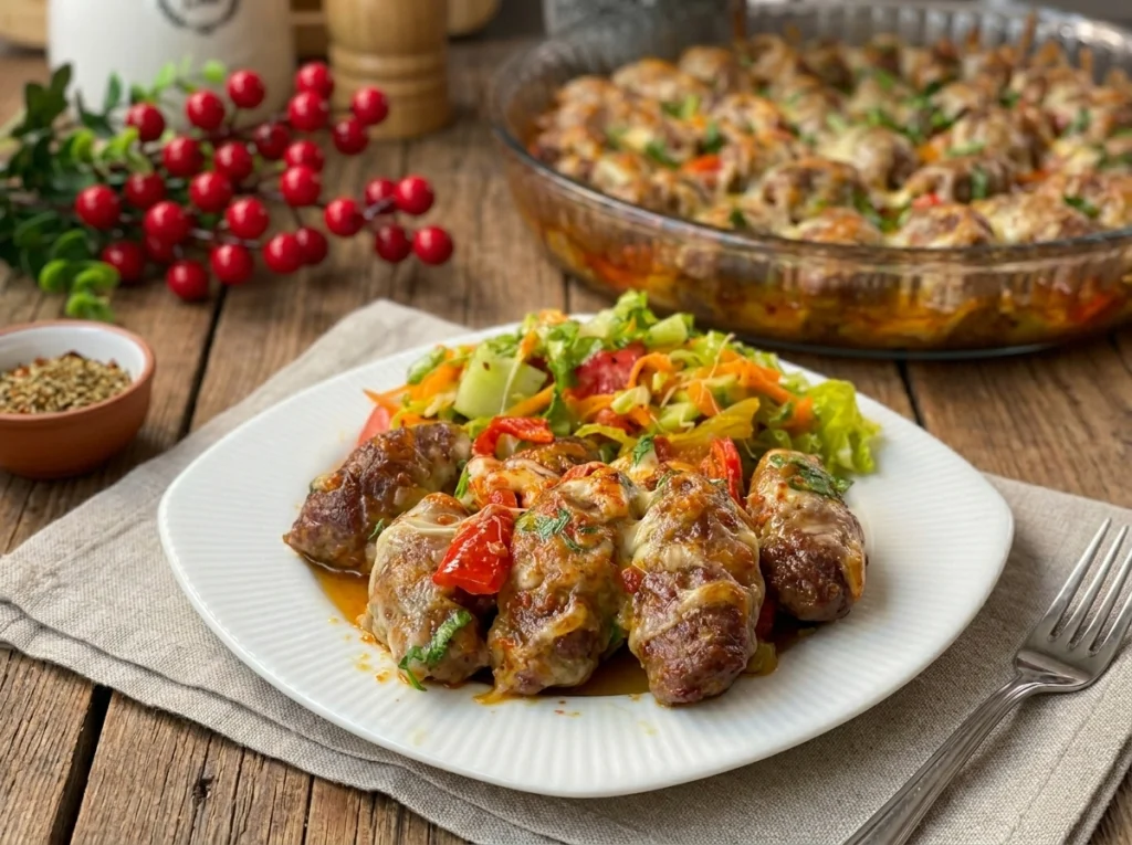 Oven-baked meatballs with vegetables in a baking dish, topped with melted cheese