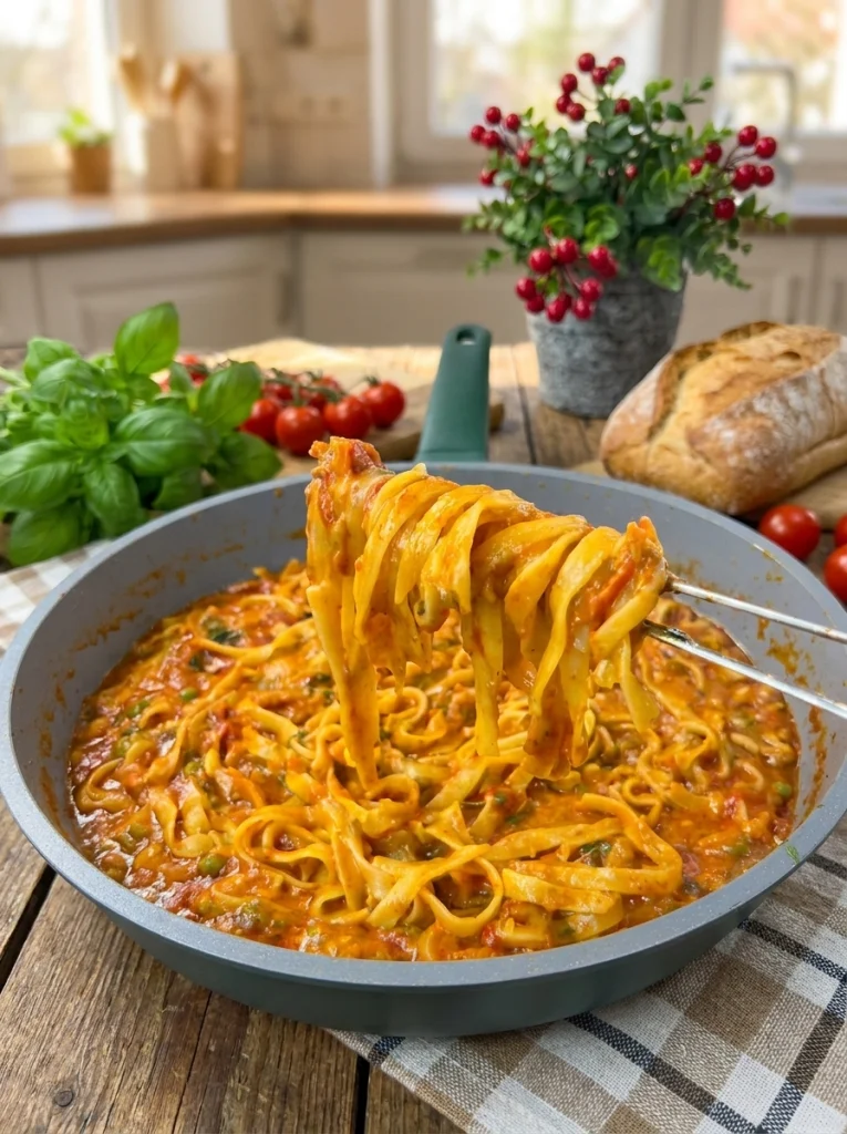 Bowl of tomato vegetable pasta served hot and ready to eat