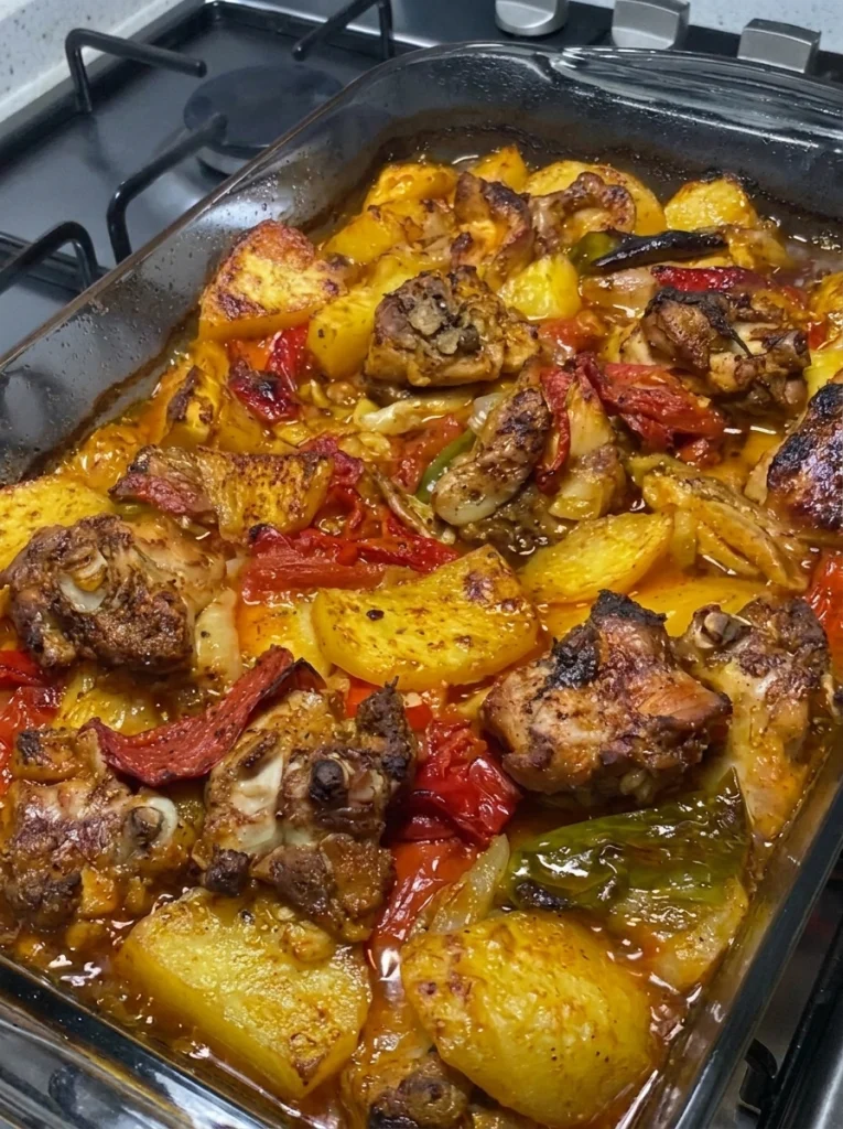 Close-up of Tavuklu Patates Tavası showing tender chicken and potatoes in tomato sauce