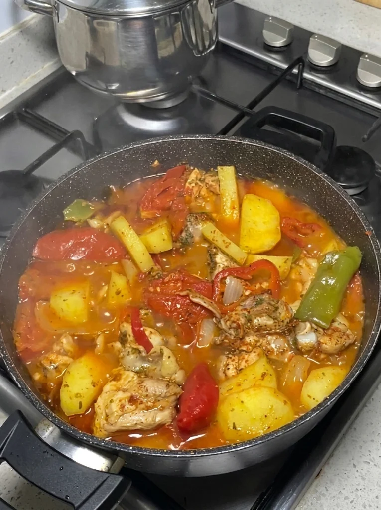 Turkish chicken and potato casserole transferred to a baking dish before oven baking