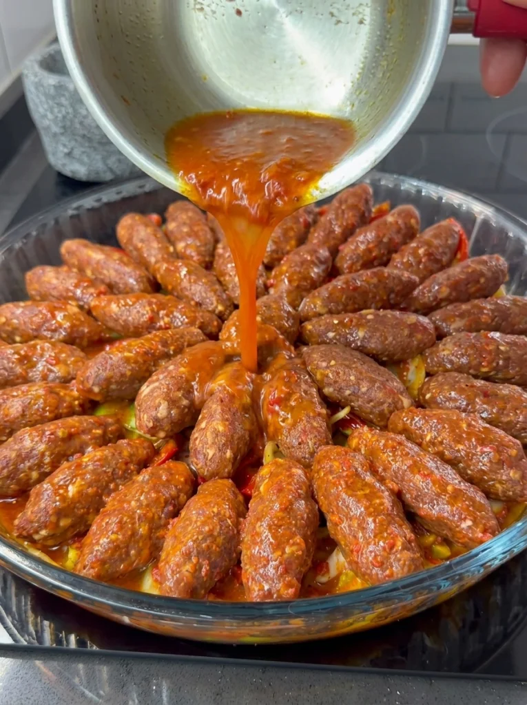 Tomato and red pepper sauce being poured over meatballs and vegetables