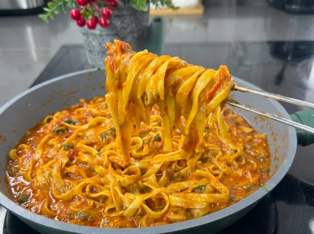 Tomato vegetable pasta with zucchini, eggplant, and melted cheddar cheese in a pan