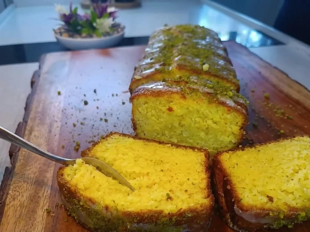 Whole orange cake with white chocolate glaze on a wooden board
